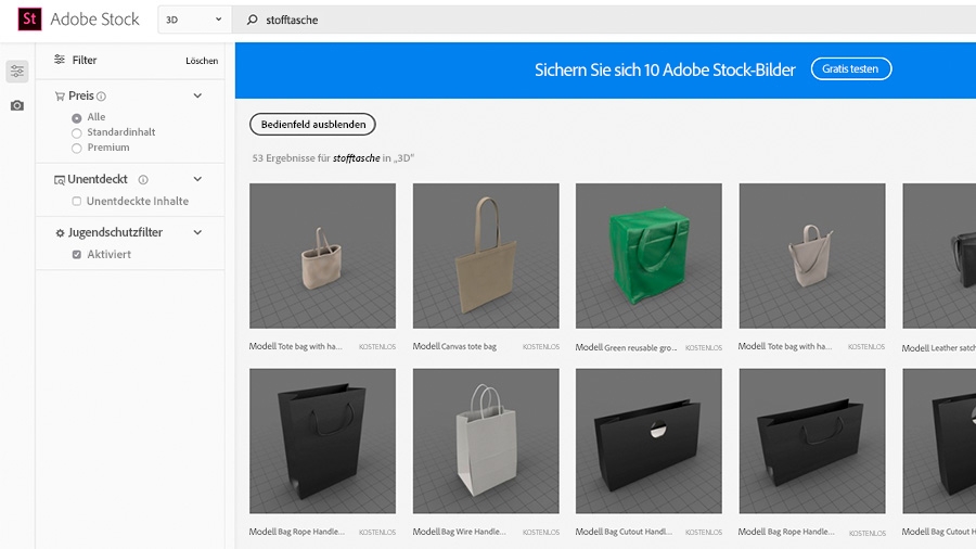 Im Browser geöffnete Website von Adobe Stock mit einer Auswahl von 3D-Modellen. Im Suchfeld steht „stofftasche“