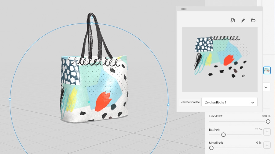 Das Bedienfeld „Aktionen“ in Dimension, in dem die angepasste Grafik auf das 3D-Modell der Einkaufstasche gesetzt wird.