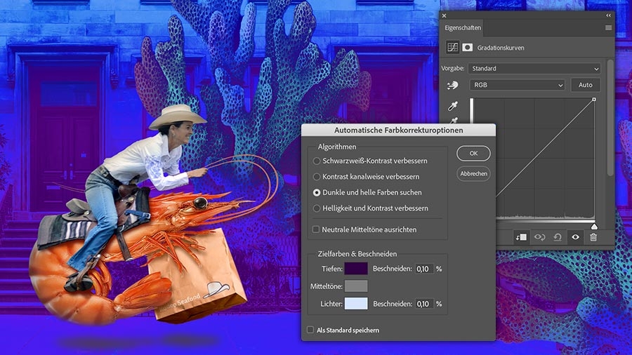 Photoshop mit Komposition. Bedienfeld für Kurven und Dialogfeld „Automatische Farbkorrekturoptionen“
