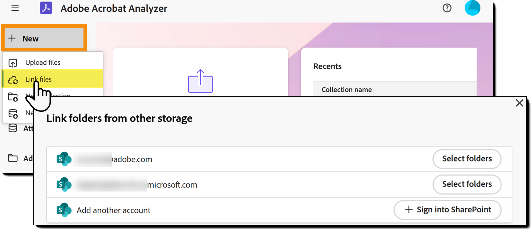 The Documents page with the Linked Collections option highlighted