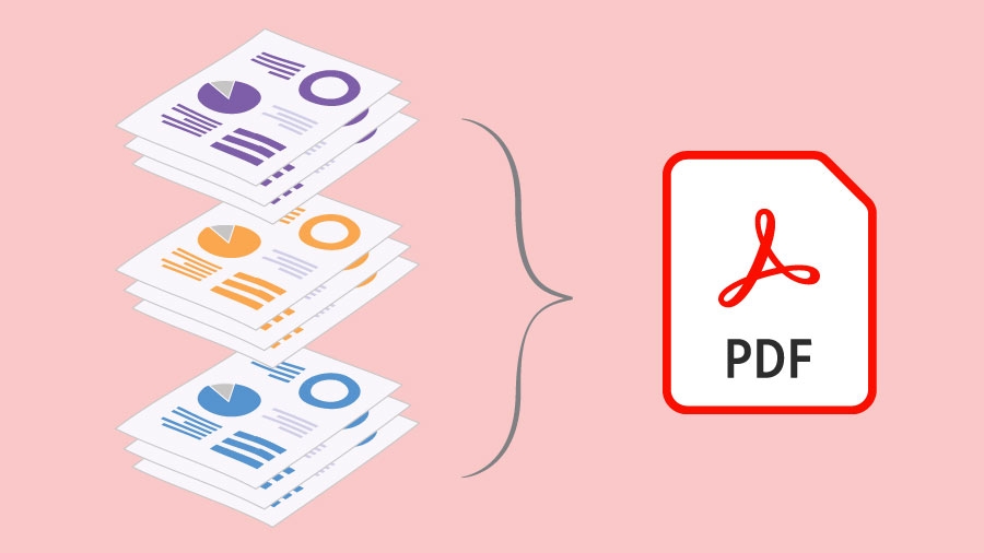Left side shows stack of documents. Right side shows curly bracket and PDF icon signifying merging many documents into one PDF Left side shows stack of documents. Right side shows curly bracket and PDF icon signifying merging many documents into one PDF