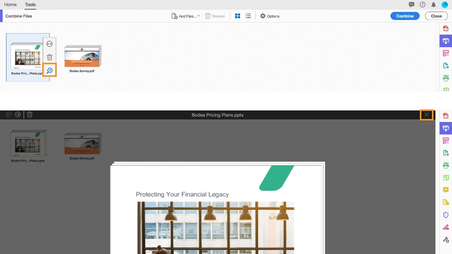 Combined document is previewed by clicking the magnifying glass next to the document thumbnail.