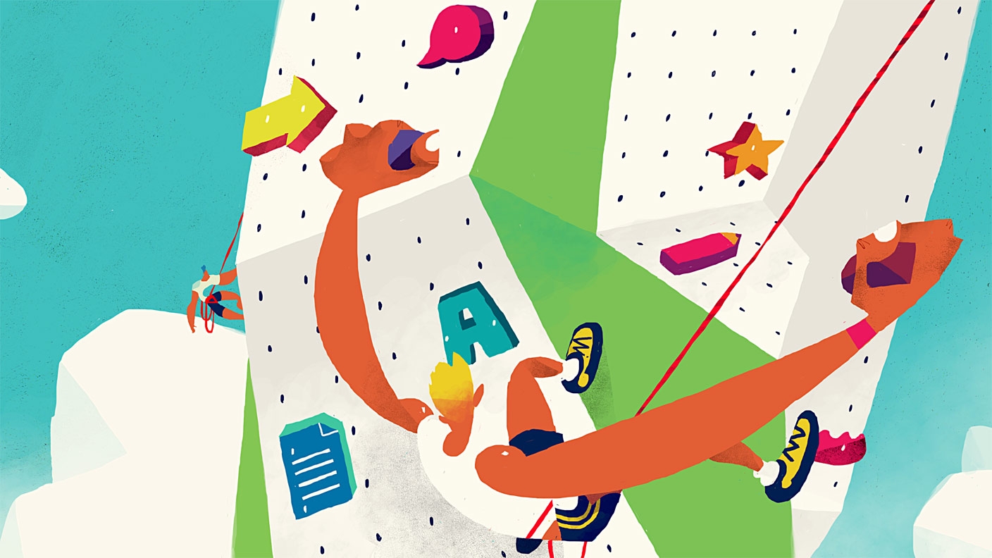 Graphical illustration of a rock climber surrounded by icons representing tasks when working with PDF documents: create, share, edit, and add comments Graphical illustration of a rock climber surrounded by icons representing tasks when working with PDF documents: create, share, edit, and add comments
