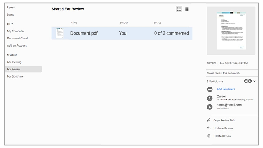 Shared For Review interface shows a document, who the sender is, and the current status of the document. Other items show recipient and thumbnail of the document sent Shared For Review interface shows a document, who the sender is, and the current status of the document. Other items show recipient and thumbnail of the document sent