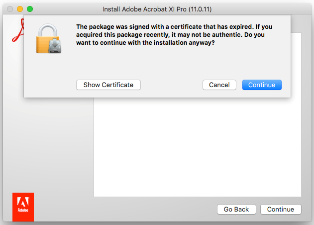 Mac package certificate has expired for Adobe Acrobat or Reader