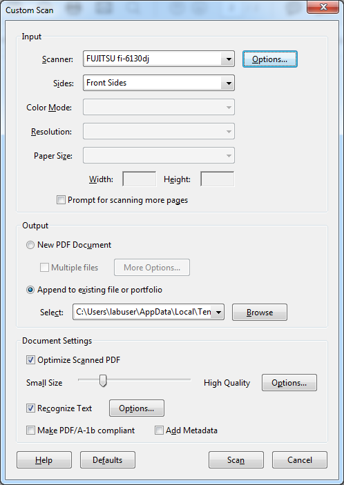 Custom Scan dialog box