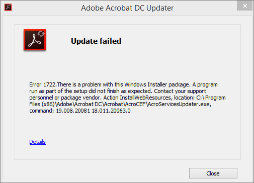 adobe acrobat reader dc update failed error 1722