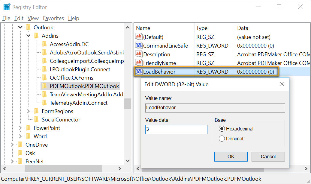 Change the LoadBehavior value from 0 to 3