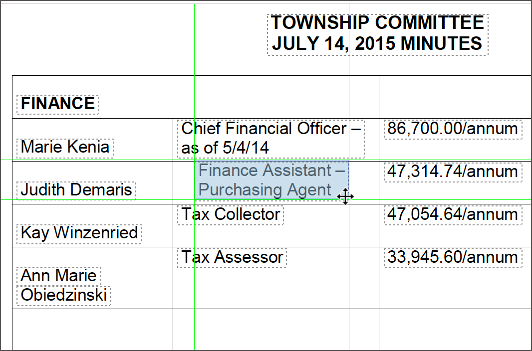 Text box selection within the table