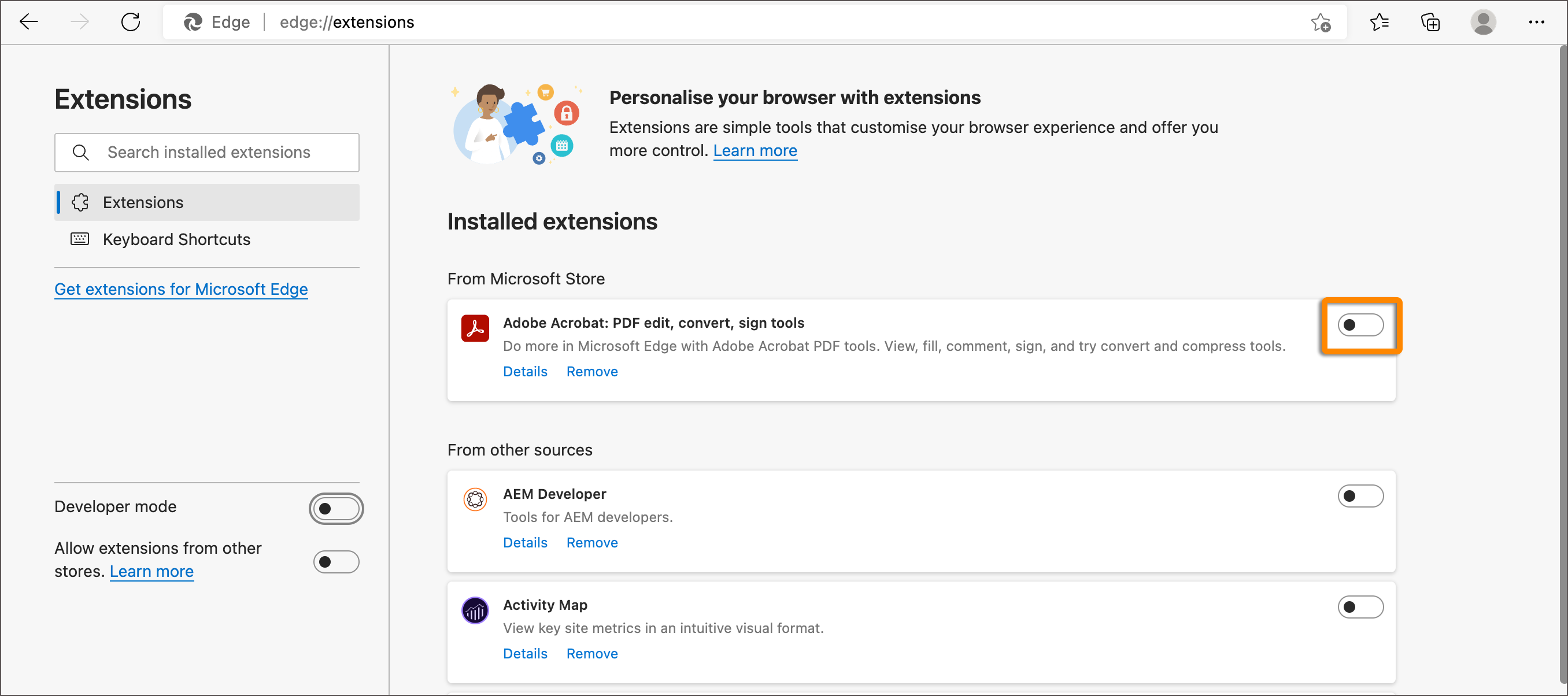 Enable Adobe Acrobat extension for Microsoft Edge