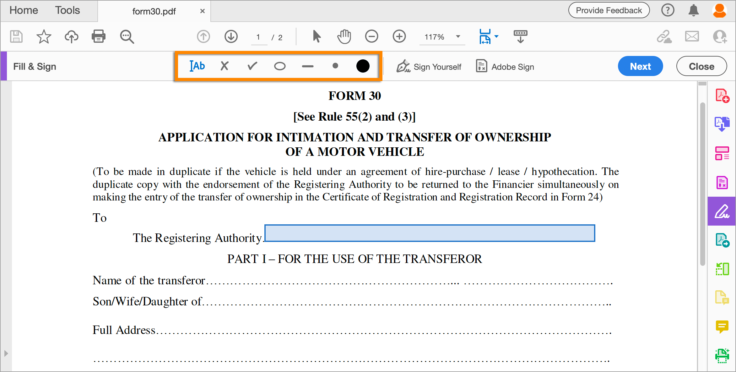 Hover the mouse over a field to display the detected form field