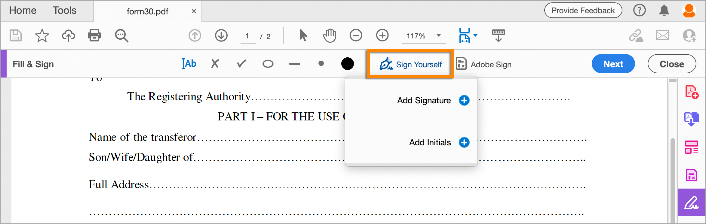 Add signature or initials