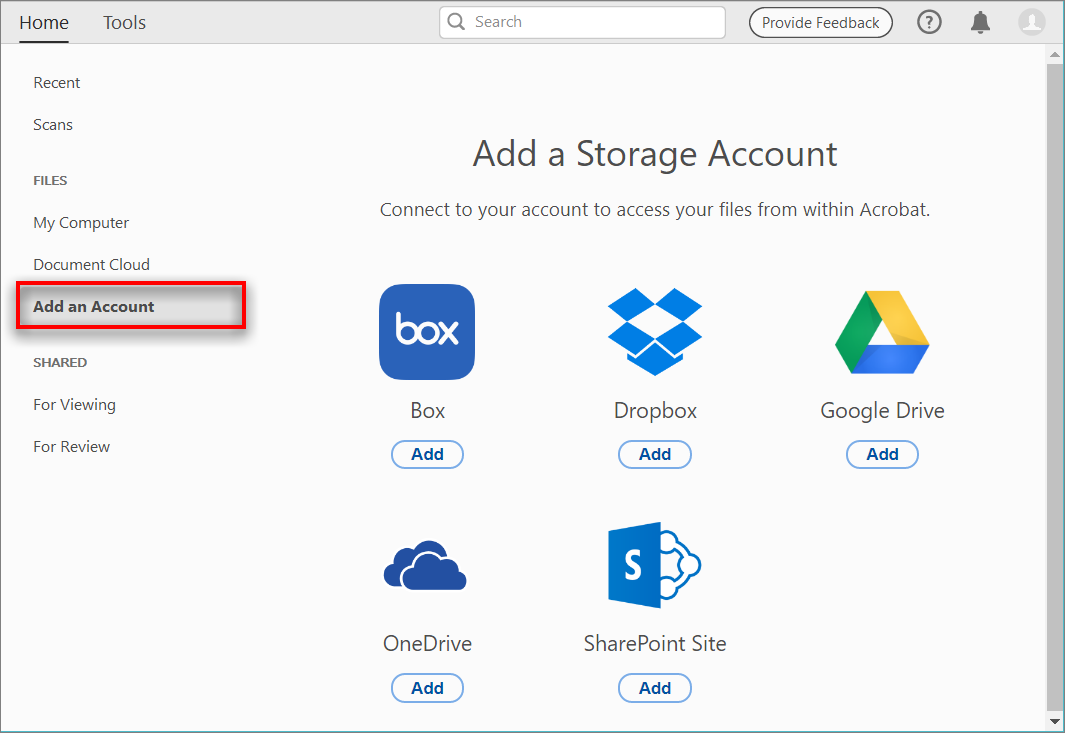 Connect Your Online Storage Accounts To Access Files In Acrobat Dropbox Sharepoint Onedrive Box Google Drive