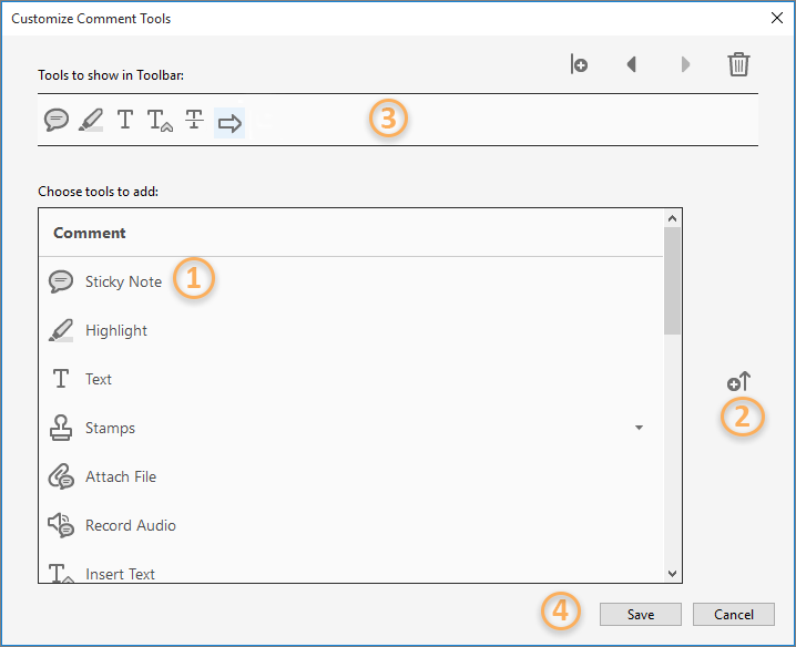 Customize Comments tool dialog