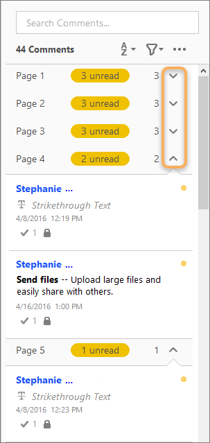 Page-based organization of comments