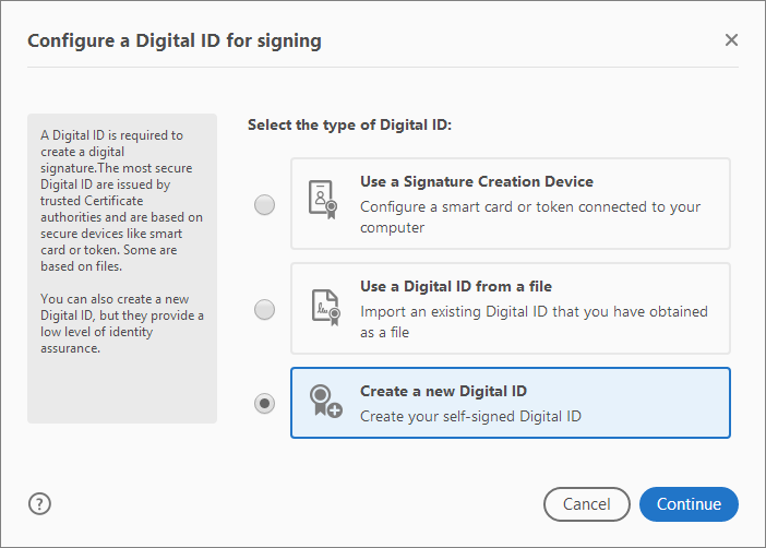 Select the type of Digital ID
