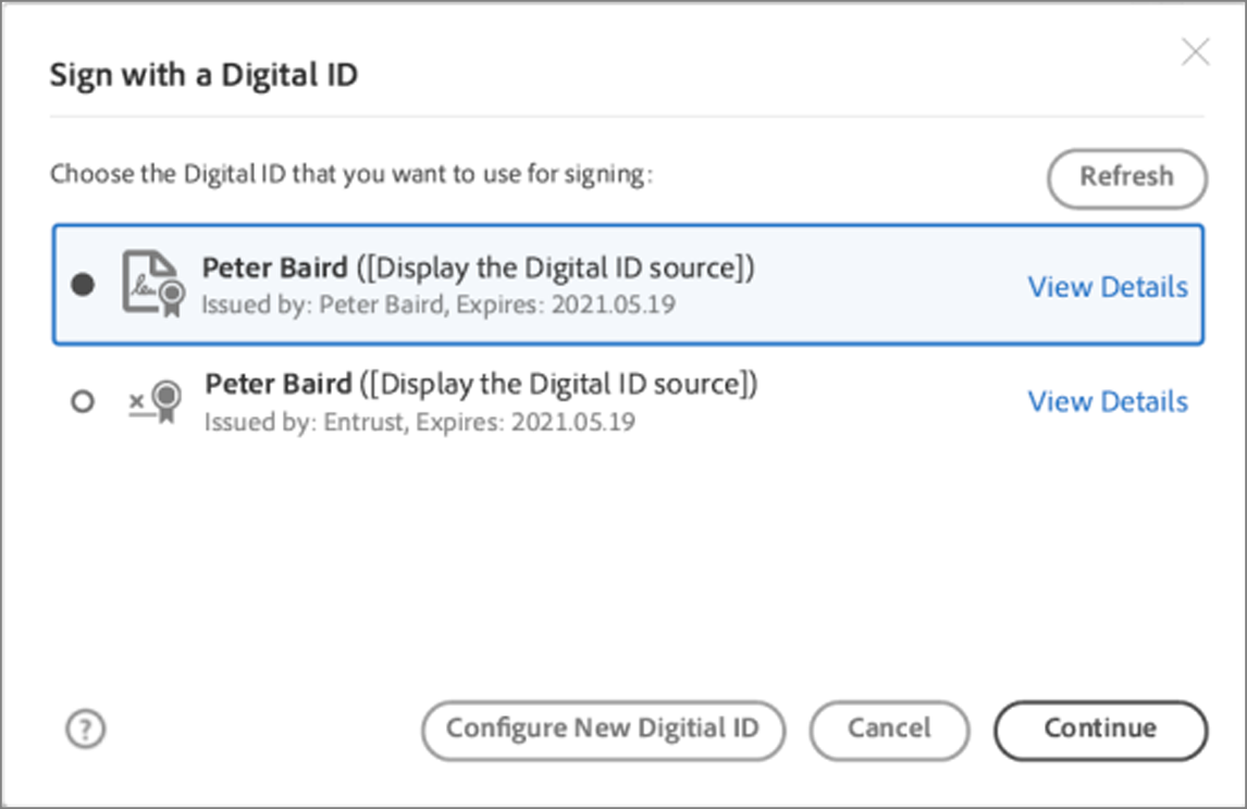 Choose a Digital ID from the list