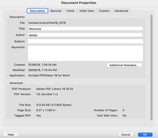 Document properties dialog-box