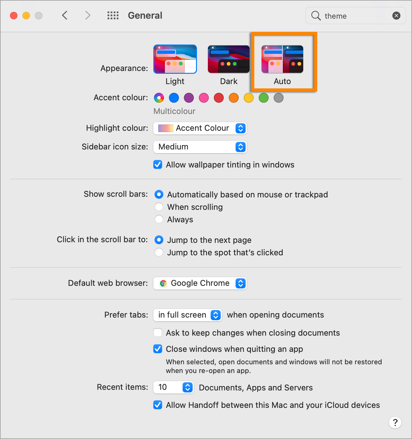 macOS theme set to Auto