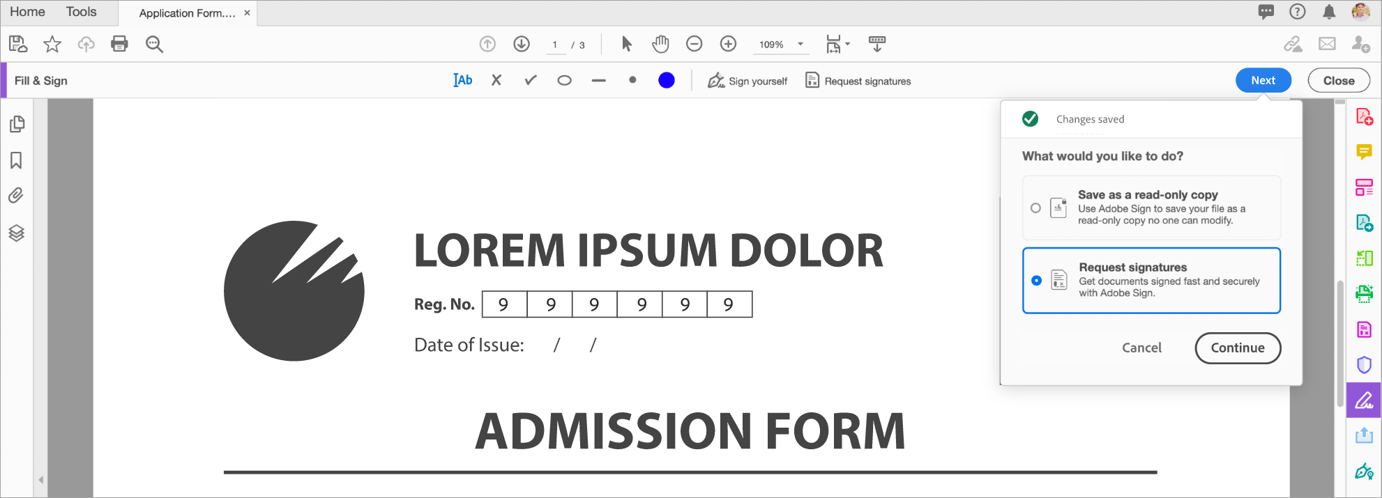 save a read-only copy, or request signatures