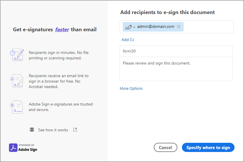 Add Cc, subject, message details