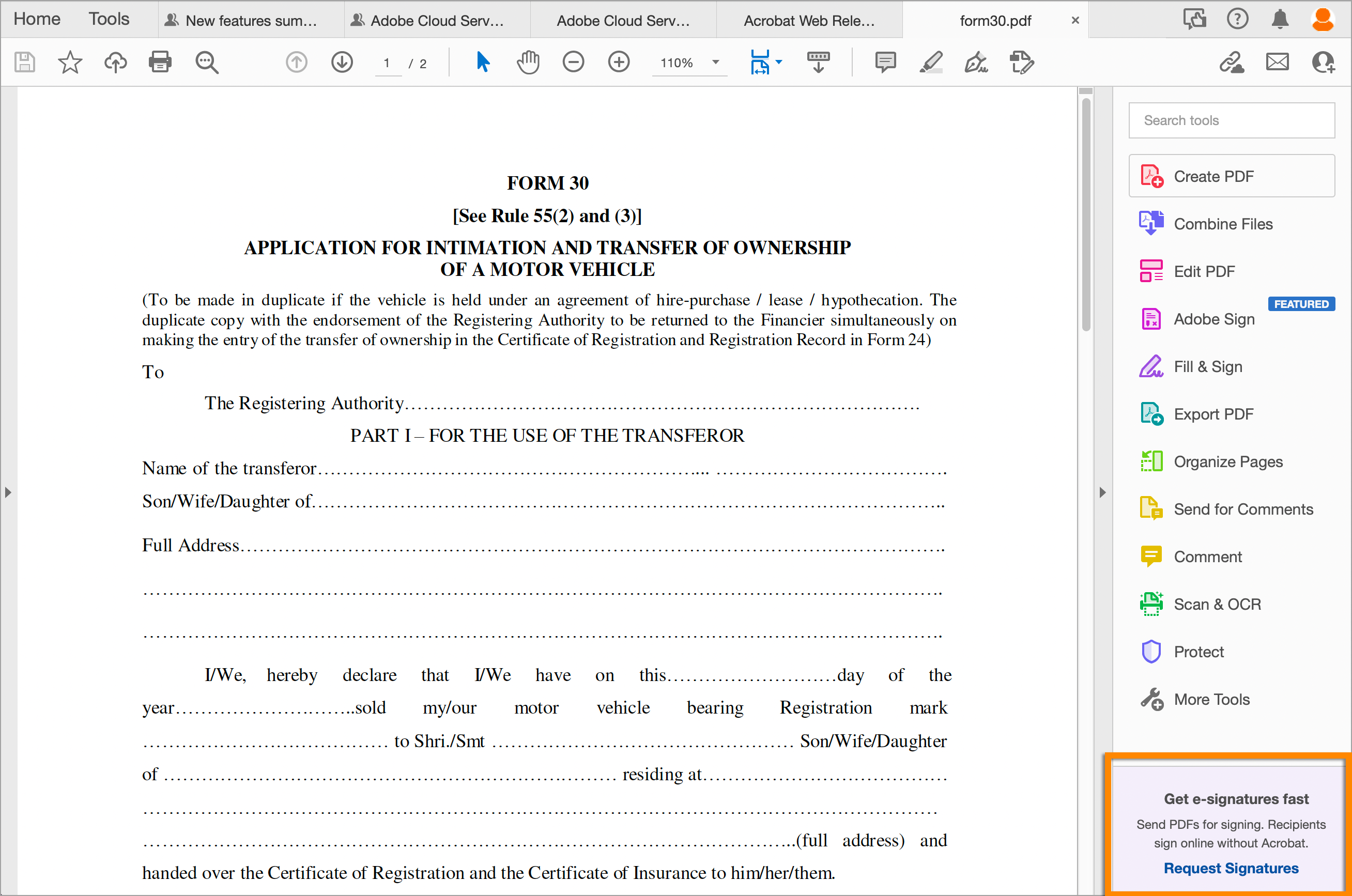 Request Signatures message on the right-hand pane 