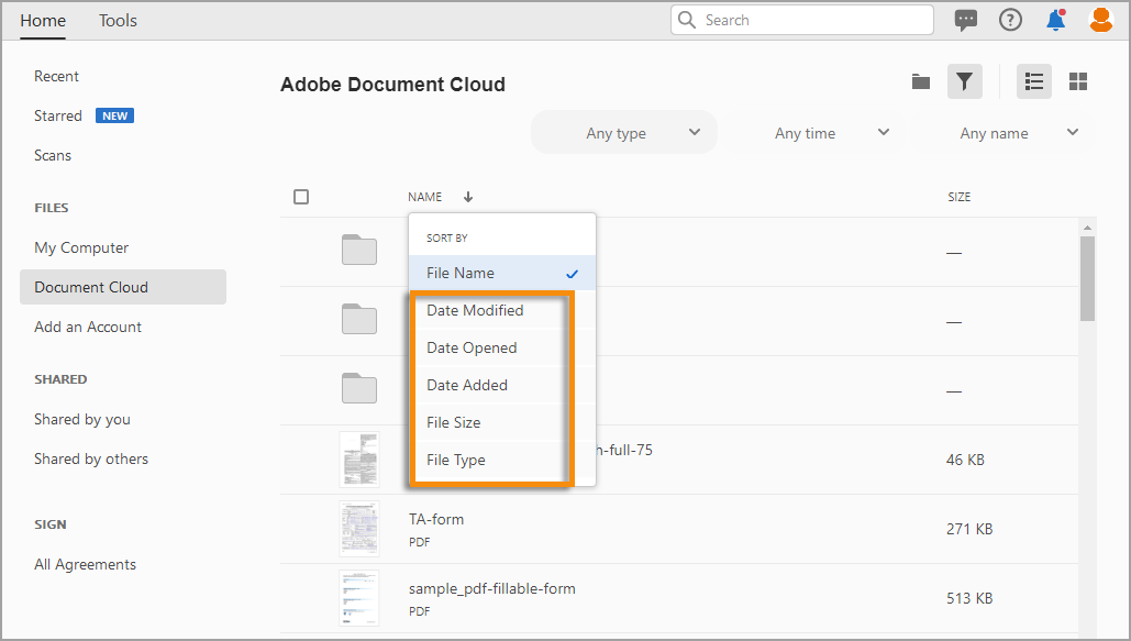 Sort files in Document Cloud