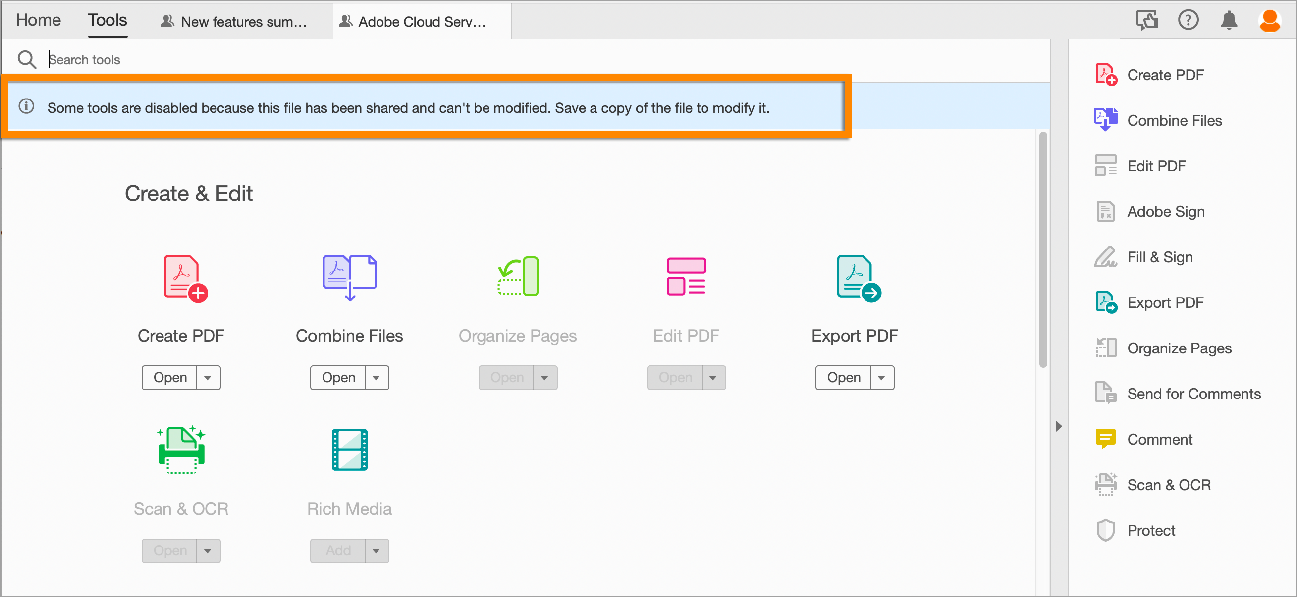 Message in Tools center for shared files