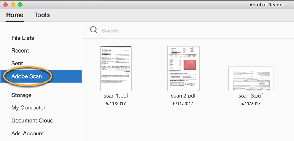 Adobe Scan mobile app files in the Home view