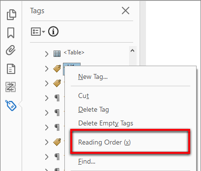 Access the Reading Order tool from the tag tree