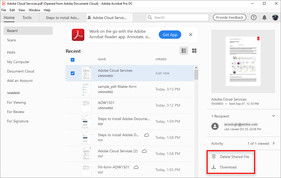 Options for an unshared file in the context pane