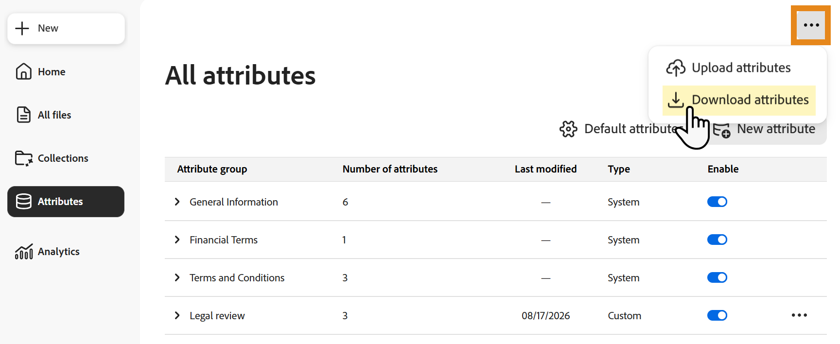 Attributes page with the ellipsis menu open and Download attributes selected.