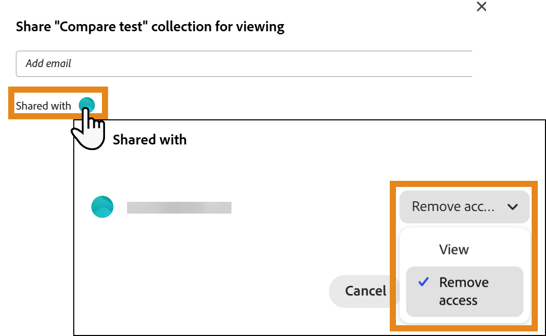 Shared collection access list showing the Remove Access action for a user.