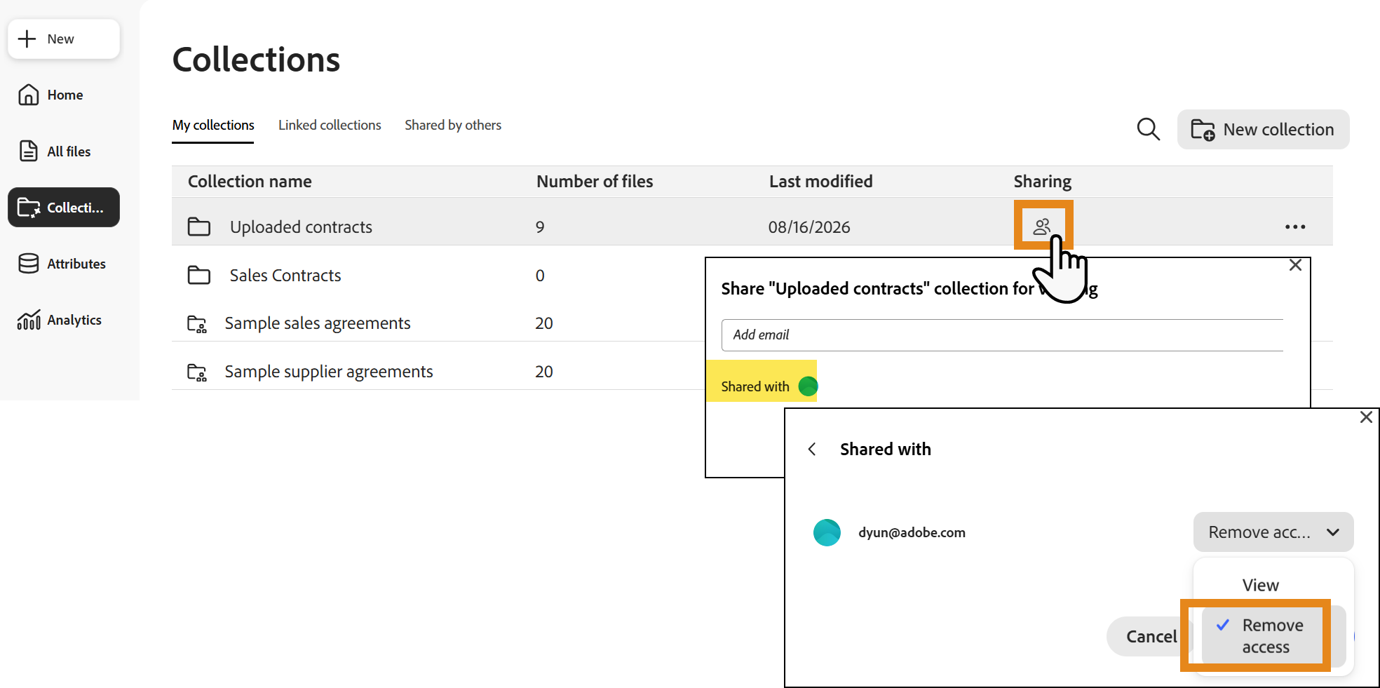 The collections list with the sharing icon highlighted and the revoke access panel exposed.