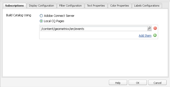 Fetch events from either Adobe Connect Server or Local CQ Pages to display in a catalog