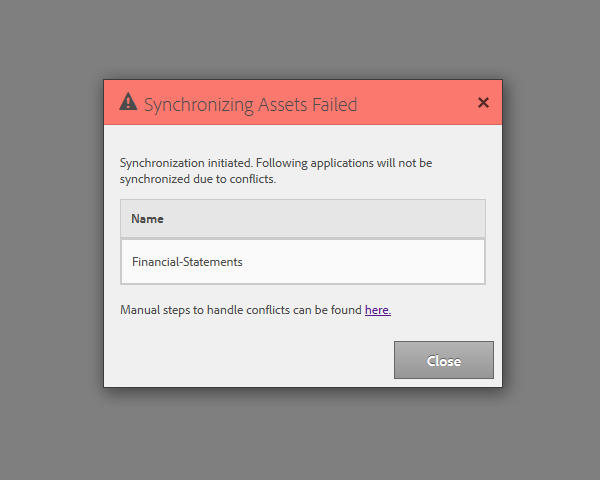 Conflicts in asset synchronization dialog box Conflicts in asset synchronization dialog box