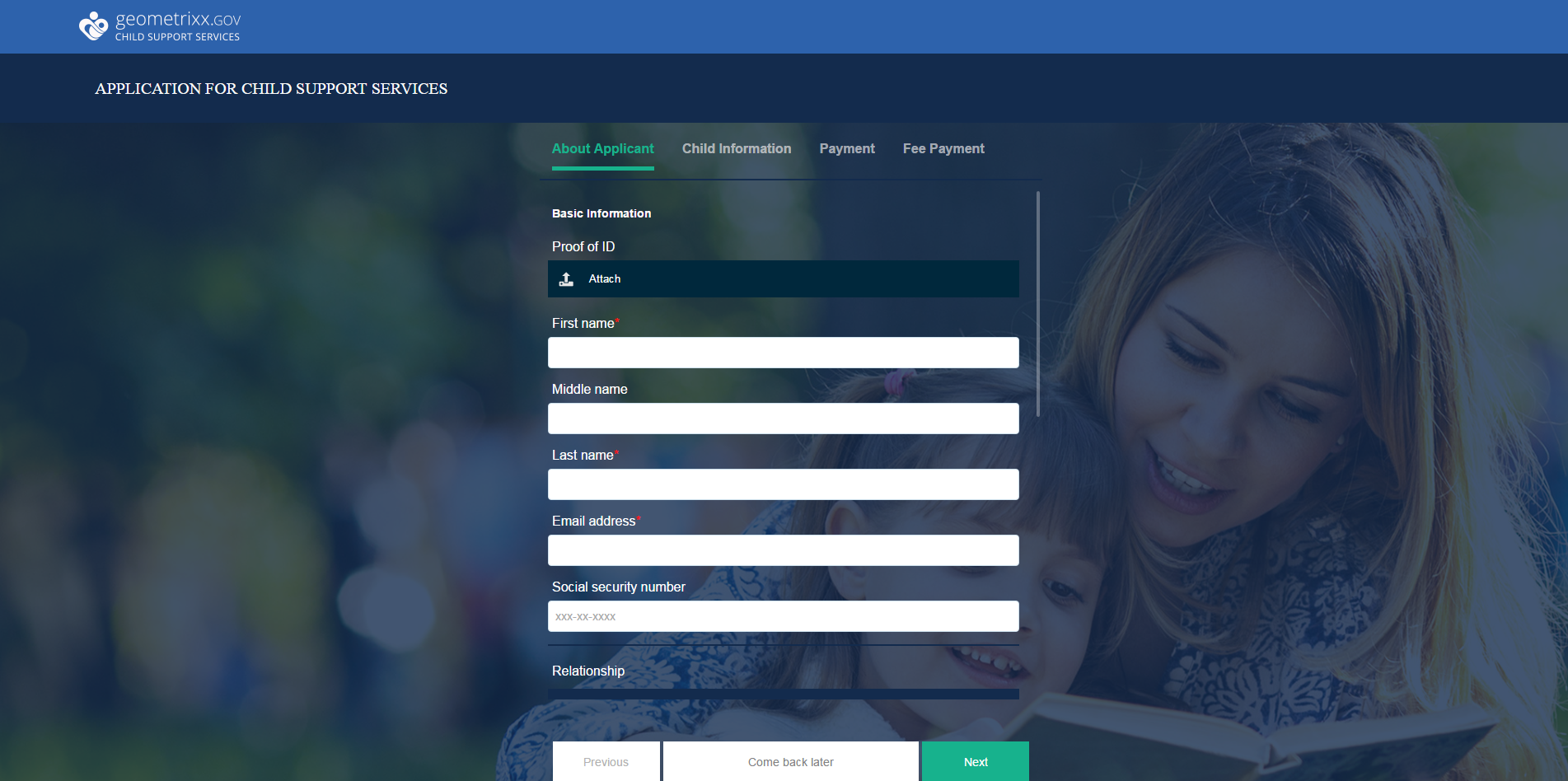 Child support application on desktop Child support application on desktop