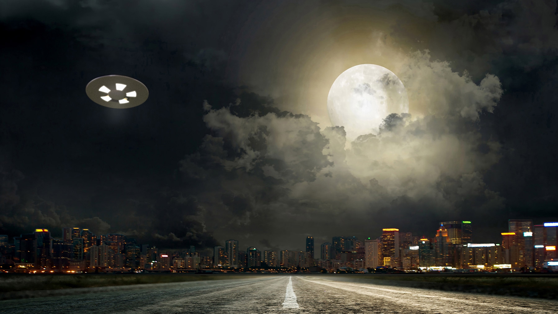 UFO flies over a city at night. A full moon illuminates the cloudy sky. UFO flies over a city at night. A full moon illuminates the cloudy sky.