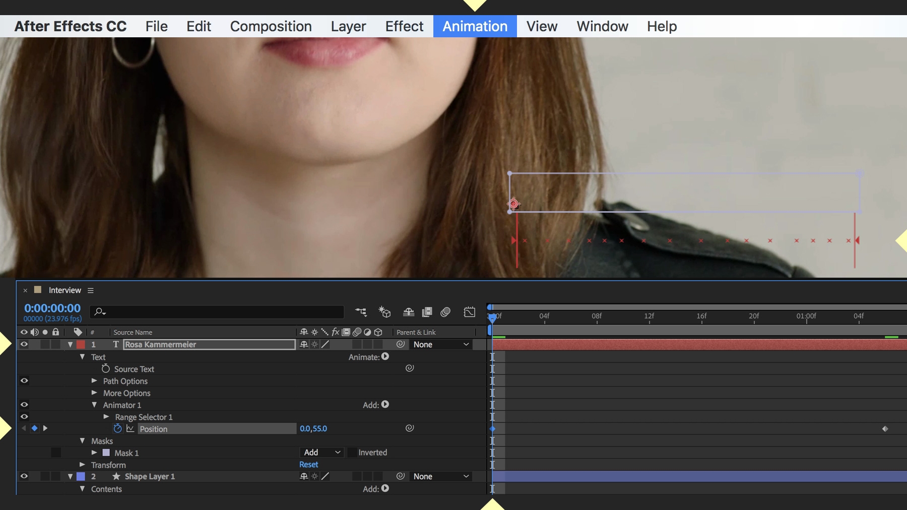 The text is animated in the Animate Text > Position menu.