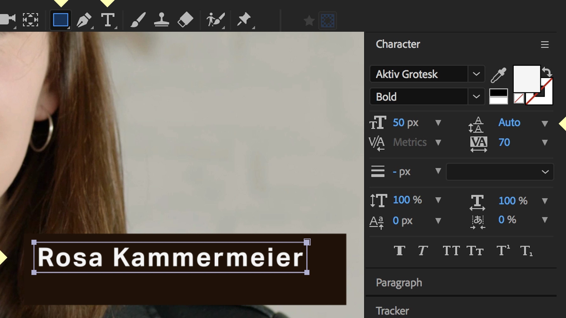 The woman’s name is added and a rectangle is placed around it to become the mask that hides and reveals the lower third.