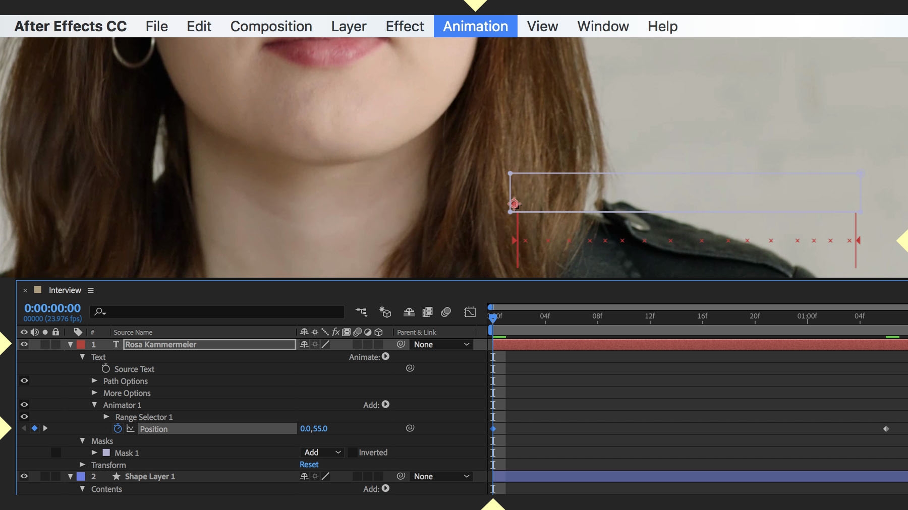 The text is animated in the Animate Text > Position menu.