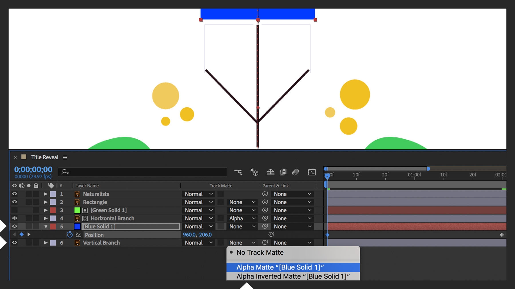 A solid layer is used to conceal a portion of the design. A Position keyframe is added. Solid layer is used as an Alpha Matte
