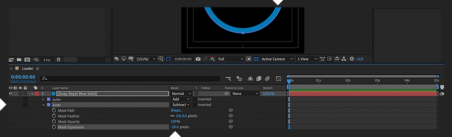 Timeline panel shows a second circular mask applied and adjusted so the Composition panel shows a blue ring Timeline panel shows a second circular mask applied and adjusted so the Composition panel shows a blue ring