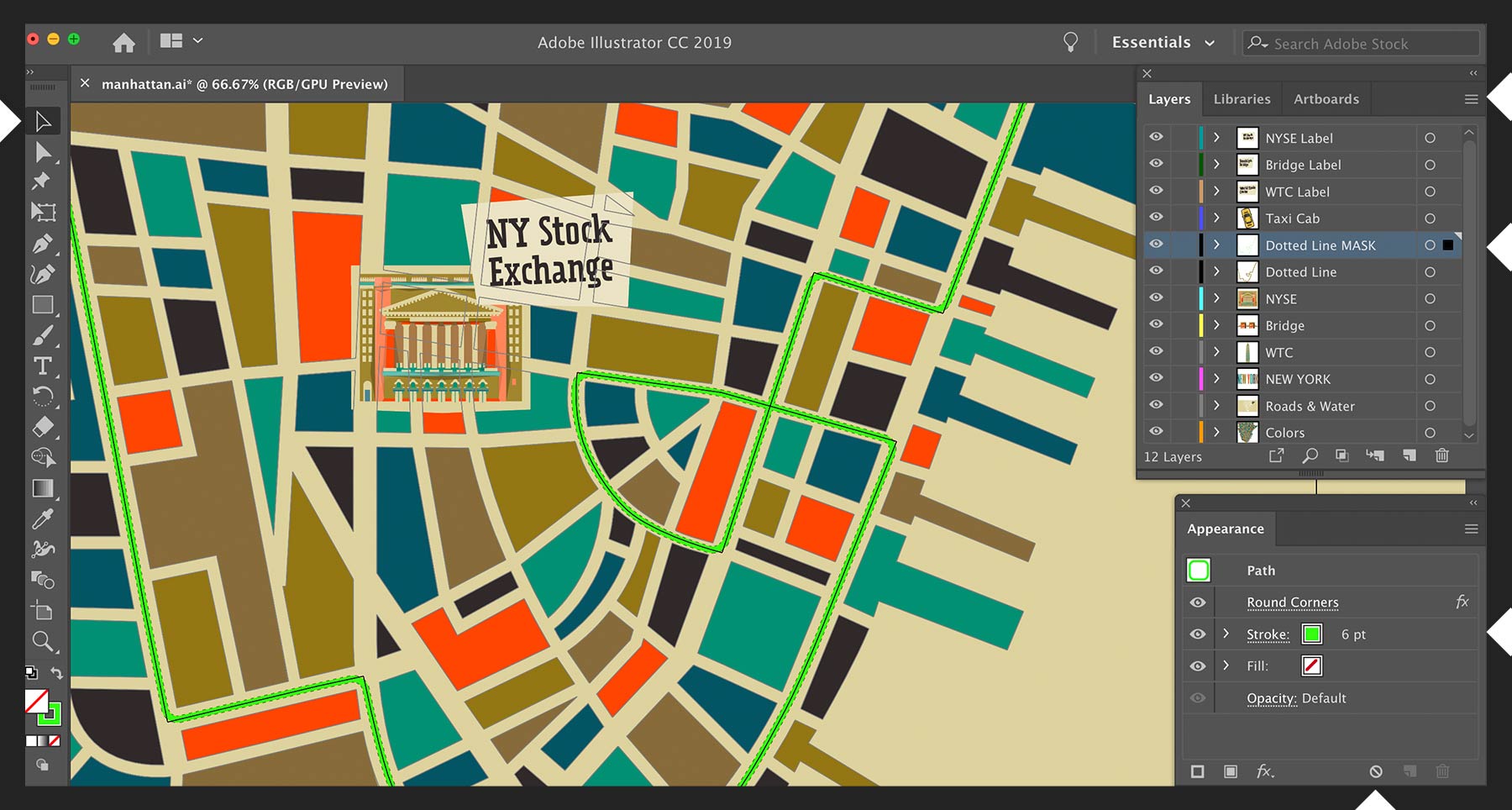 Map is open in Adobe Illustrator. Layers panel is open to ensure that the map route is on its own layer.