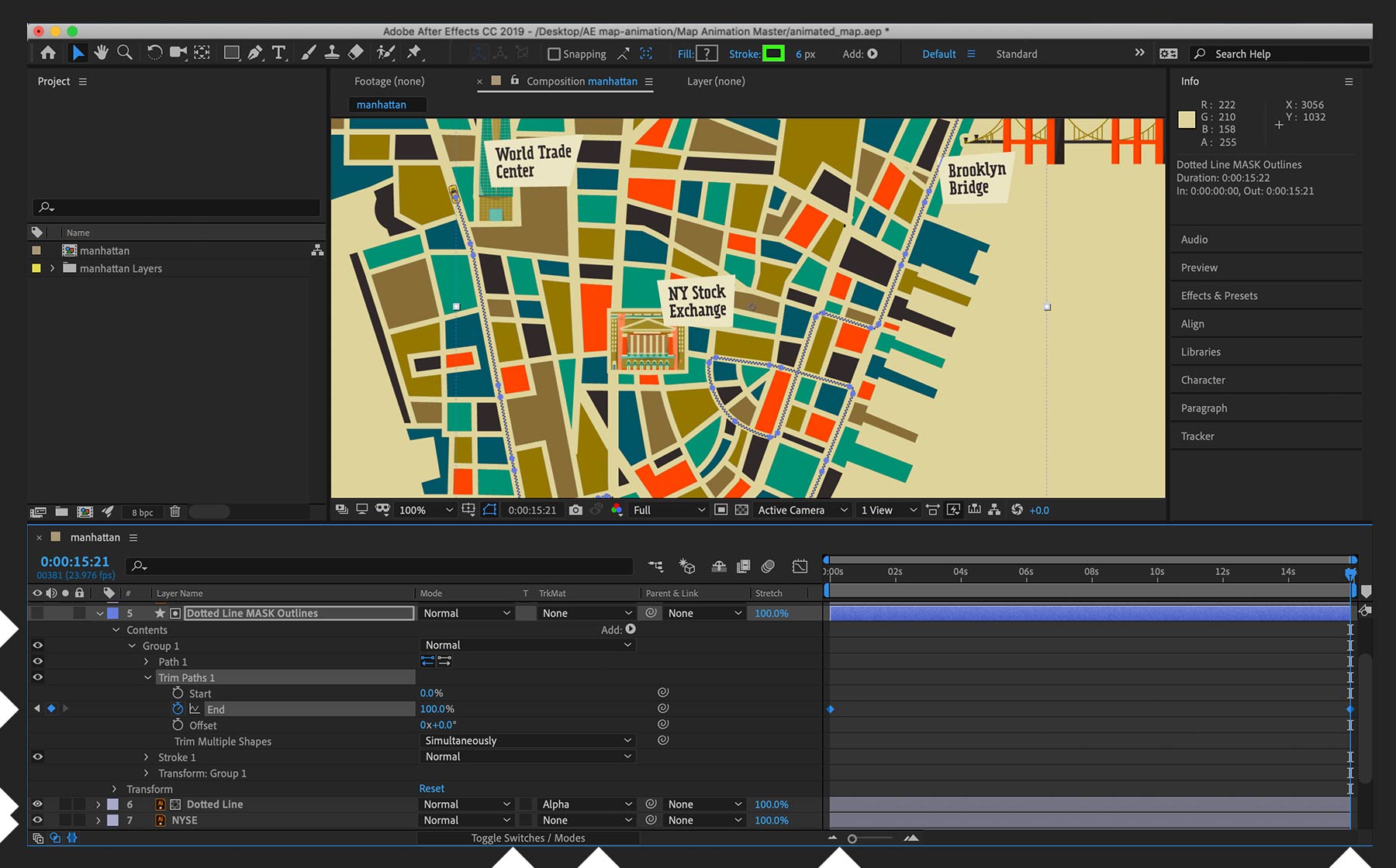 Map file is imported into After Effects. Trim paths, beginning and ending keyframes are added.