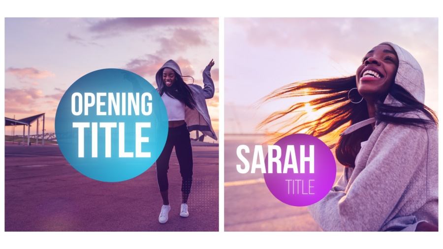 Two images. Left: a title graphic over an image of a woman dancing. Right: a lower-third graphic over a close-up of the same woman Two images. Left: a title graphic over an image of a woman dancing. Right: a lower-third graphic over a close-up of the same woman
