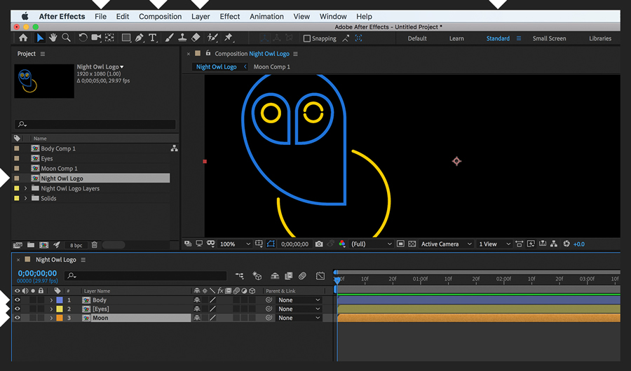 Line art of owl over a moon is imported from Illustrator to After Effects. Layers are Pre-composed and given distinct colors.