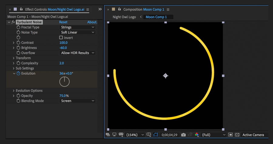 Turbulent Noise and keyframes are added to the moon layer to create a subtle neon plasma effect.