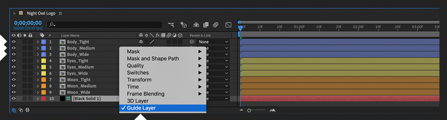 Three glow layers are created for each color light to simulate the glow from a neon light. Black is added as a guide layer.