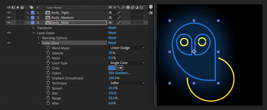 Three outer glows are added and adjusted for each line color to simulate the real glow from neon lights.